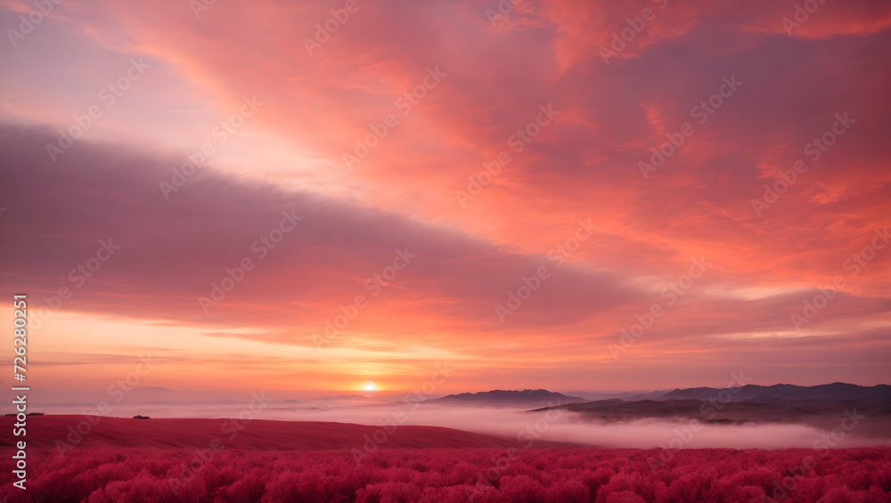 Romantic sunset with beautiful pink, orange and red clouds