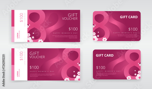 Gift voucher or gift card templates featuring number eight artwork to represent 8th of march. Can be used as regular or e-gift cards. Ideal for international women’s day sales promotions