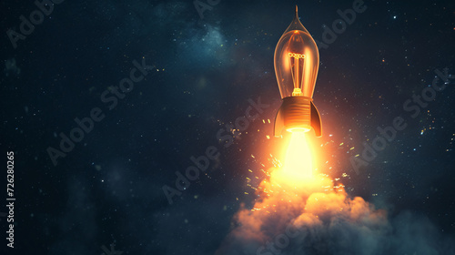 Vibrant Conceptual Illustration: Luminous Light Bulb Soaring Like a Rocket, Illuminating Ideas and Innovation.