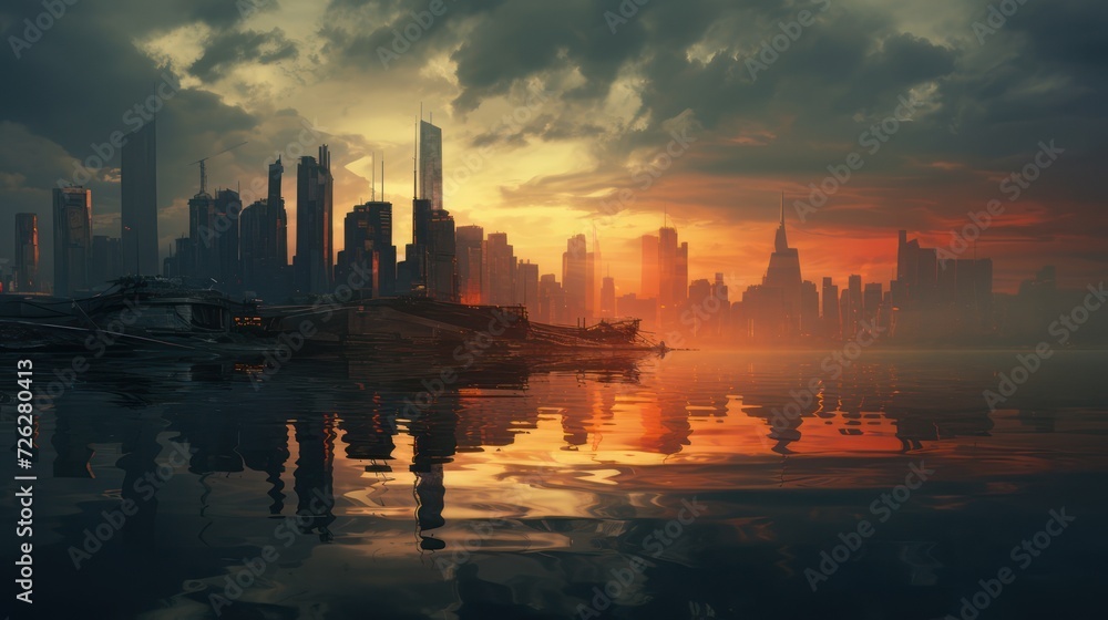 Fototapeta premium Illustration of a future modern city view, with skyscrapers, morning sunlight, wallpaper background.