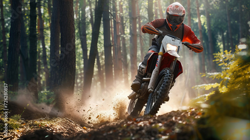 Experience the adrenaline rush—a hyper-realistic portrayal of a man speeding through a forest on his dirt bike, captured in cinematic 16k quality. AI generative thrill © supaporn