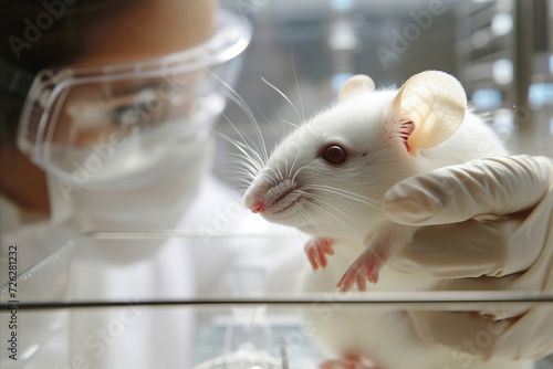 White mouse in laboratory and hand of laborant woman in glove photo