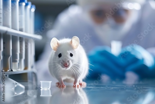 White mouse in laboratory and hands of laborant woman in glove