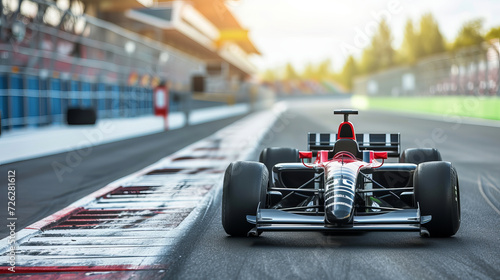 Feel the speed—an asphalt stretch of the international F1 race track with a roaring F1 race car at the start. AI generative excellence capturing the thrill of high-speed racing