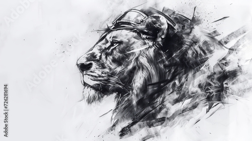 Chaotic elegance—Charcoal blackwork sketch of a watercolorish lion donning a soldier helmet, set against a clean white background. AI generative artistry photo