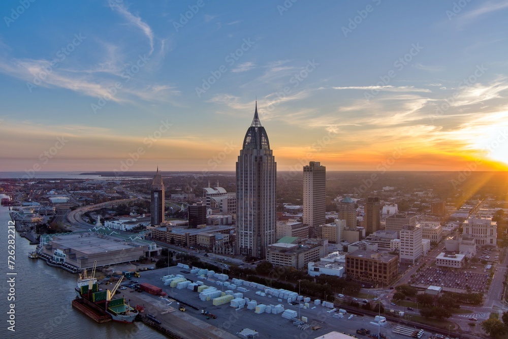 Downtown Mobile, Alabama riverside skyline at sunset