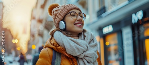 A woman in warm attire happily wears earphones while strolling outdoors in the city.