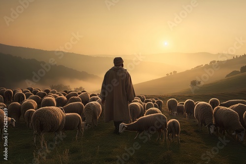 Shepherd with sheep flock sunset landscape. Pastoral herder with ewe herd on meadow. Generate ai