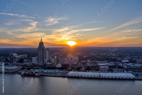 Downtown Mobile, Alabama riverside skyline at sunset