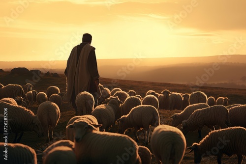 Shepherd with sheep flock panoramic sundown view. Pastoral scene of herder with ewe animals herd. Generate ai photo