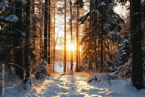 Sunset in the wood in winter period tree and snow