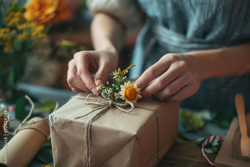 Hands crafting a gift box from recycled materials, promoting sustainability and creativity in packaging. Soft focus.