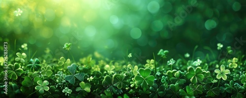background of leprechaun style, Clover leaves, Saint Patrick day, banner with copy space, Generative AI  photo
