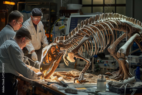 Scientists reconstructing a dinosaur skeleton in a laboratory, surrounded by modern technology, illustrating ancient history with scientific investiga