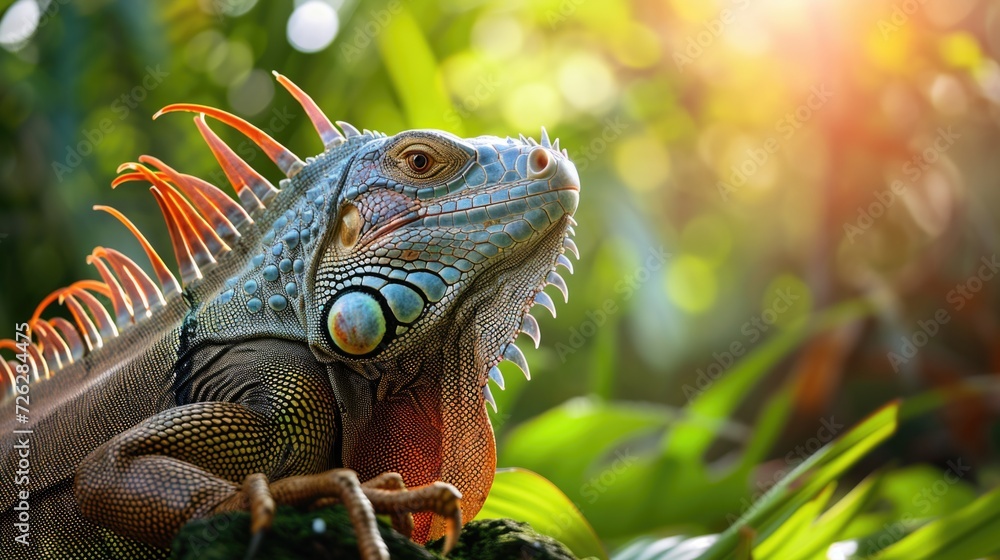 Fototapeta premium Iguana basking in the sun in the forest. Reptile in a relaxed and natural pose