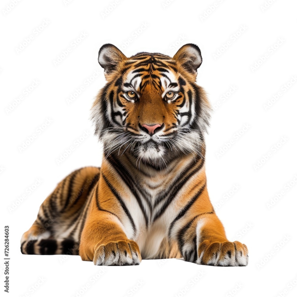 Malayan Tiger lying in natural pose isolated on white background, photo realistic