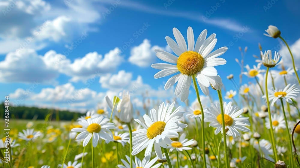 White Daisies in a Field Under Blue Sky