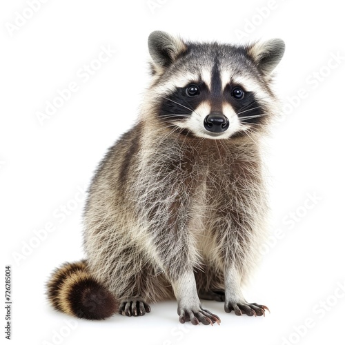Raccoon in natural pose isolated on white background, photo realistic