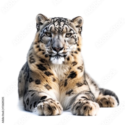 Snow leopard in natural pose isolated on white background, photo realistic