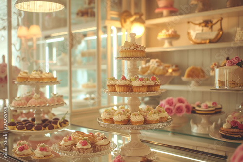 A patisserie display featuring a variety of tarts, cakes, and pastries nestled in a quaint glass cabinet with vintage-inspired decor and lighting.