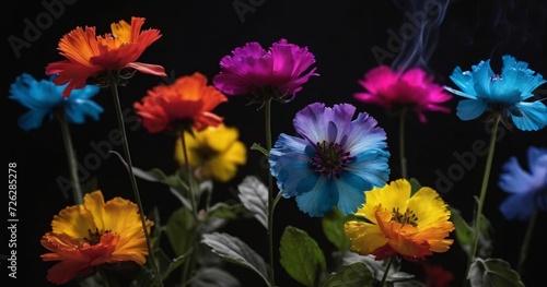 Rainbow smoky flowers on black background.