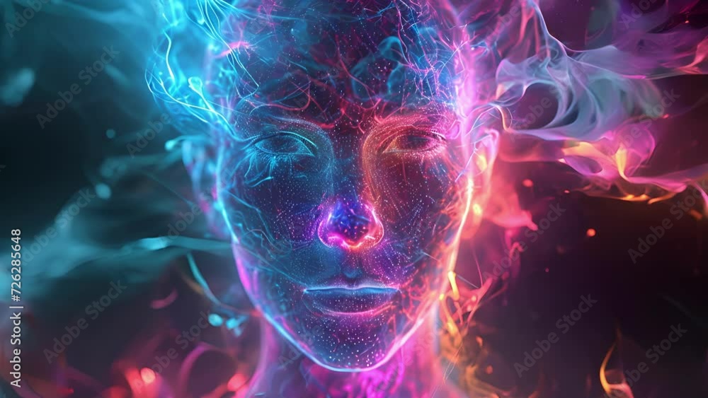 A hologram of a person with vibrant psychedelic colors swirling around them symbolizing their futuristic consciousness.