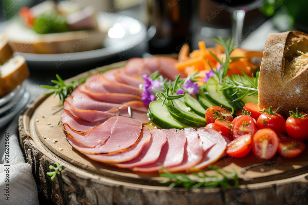 A single serving of ham, paired with fresh, vibrant vegetables and crusty bread, arranged artfully on a wooden serving platter, emphasizing the textur A single serving of ham, paired with fresh, vibrant vegetables and crusty bread, arranged artfully on a wooden serving platter, emphasizing the textur