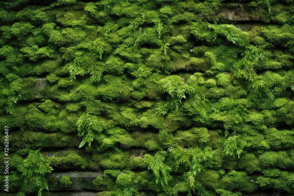 Beautiful Bright Green moss grown up cover the rough stones and on the floor in the forest. - obrazy, fototapety, plakaty 