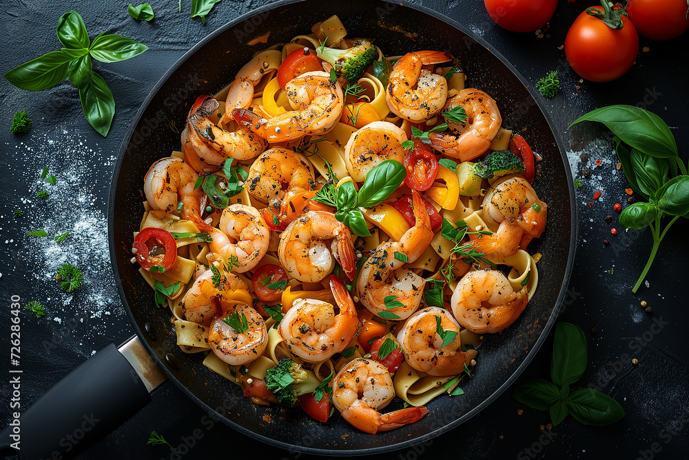 Shrimps with pasta and vegetables in a pan Shrimps with pasta and vegetables in a pan