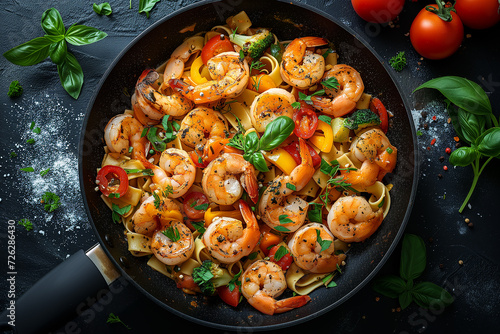 Shrimps with pasta and vegetables in a pan