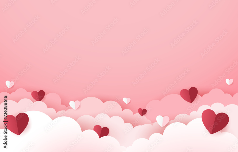 Happy Valentine's day poster or voucher. Beautiful white and pink clouds. heart frame on clouds Vector illustration. Place for text.
