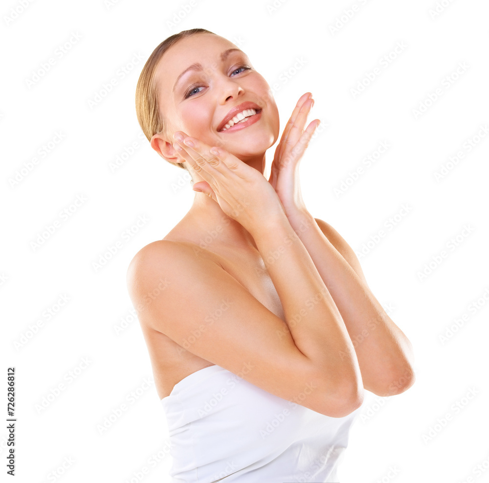 White background, skincare and portrait of woman for wellness, beauty and facial treatment. Salon aesthetic, spa and isolated person with hands for natural face, healthy skin and cosmetics in studio White background, skincare and portrait of woman for wellness, beauty and facial treatment. Salon aesthetic, spa and isolated person with hands for natural face, healthy skin and cosmetics in studio