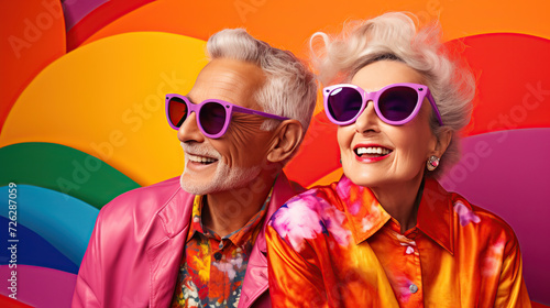 Senior Couple in Colorful Outfits and Sunglasses Sharing a Joyful Moment Against a Vibrant Background