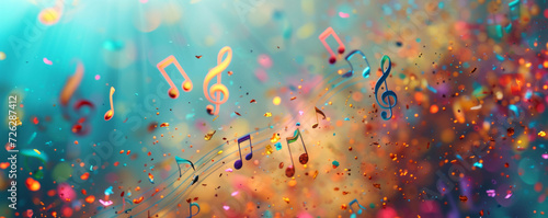 An image featuring vibrant music notes in various sizes overlaying colorful splashes of paint in a dynamic composition, with a blurred background addi photo