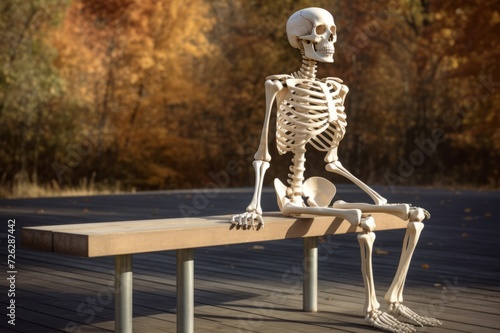 Human skeleton is sitting on wooden bench. Park area among the autumn landscape. Generate Ai