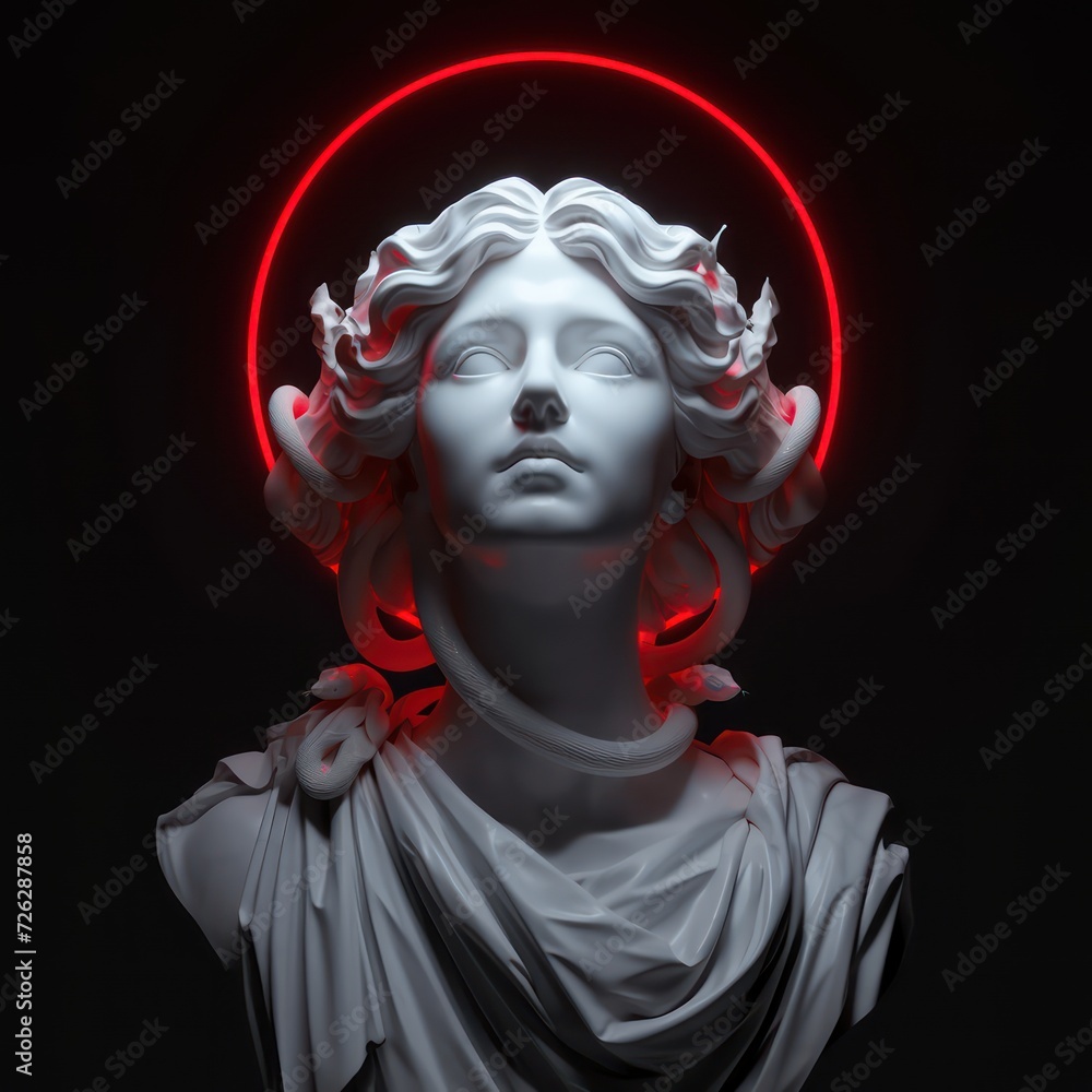 Futuristic illustration of Medusa Gorgon. Ancient Greek statue. Modern cyberpunk digital art Futuristic illustration of Medusa Gorgon. Ancient Greek statue. Modern cyberpunk digital art