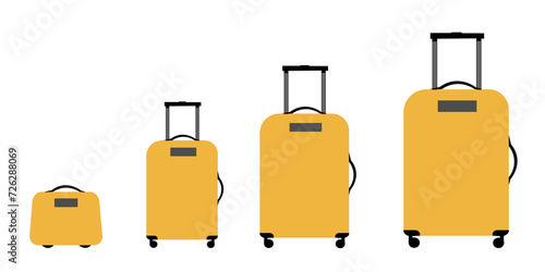 Set of yellow icon wheeled travel bag with hand. Plastic travel suitcase isolated on white background. Vector illustration.