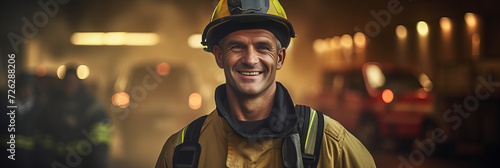 Brave Firefighter Smiling in Gear: Heroic Fireman Portrait with Emergency Vehicles Background photo