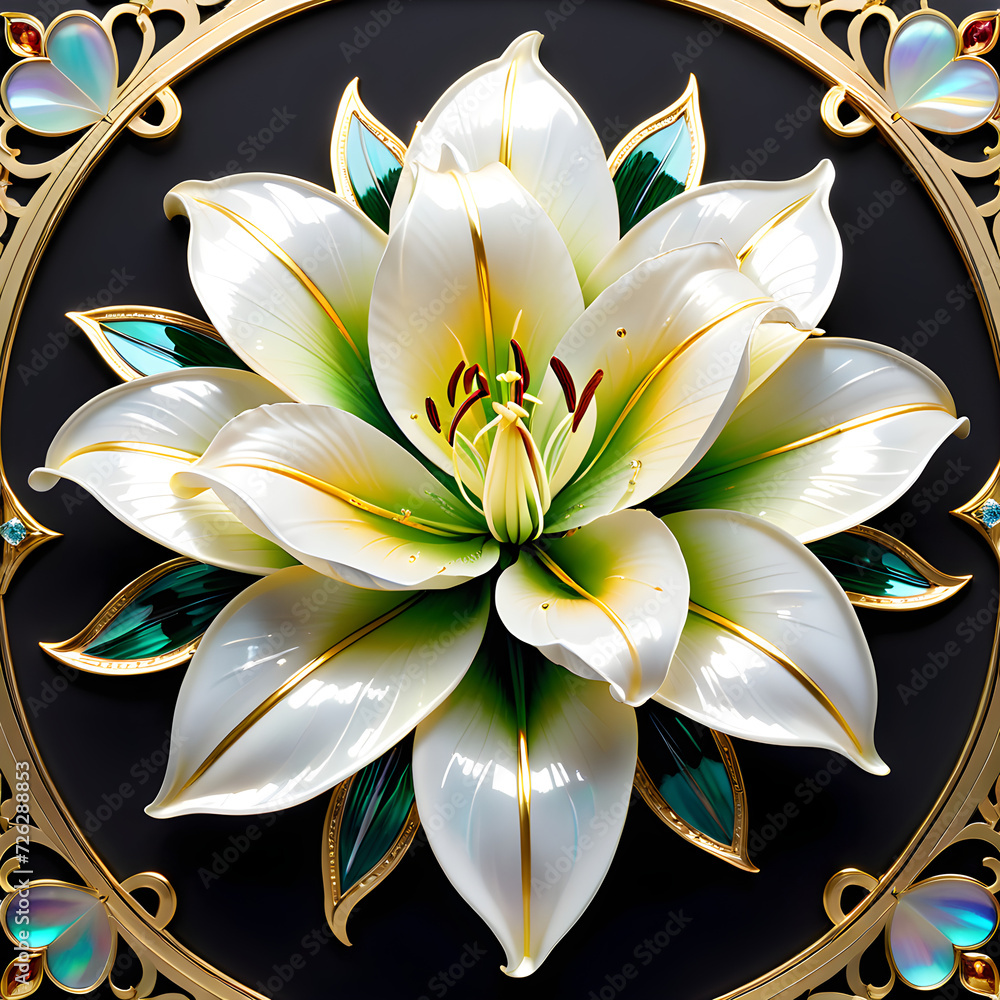 AI prompt: 4K+ graphic of an intricate lily flower with mother-of-pearl, gemstones, and gold, capturing a captivating and enchanting atmosphere.(Generative AI)