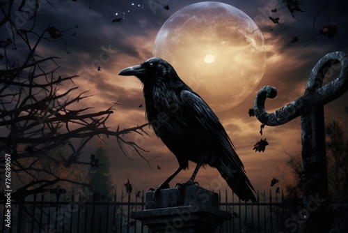 Fearful Night with Halloween Crow on Full Moon at Cemetery with Raven and Moonlight