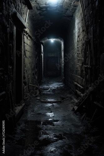 Abandoned Dungeon Corridor with Stone Walls. Explore the Dark and Mysterious Hallway with Broken