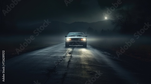 Scary Film Scene: Ominous Car with Blinding Headlights Parked in the Middle of the Night Road