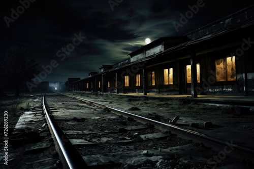 Deserted and Ancient Train Station at Night - Abandoned Railway Station Photo with Editing