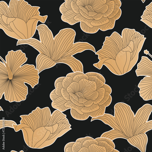 Gold floral seamless pattern with leaves. tropical background 