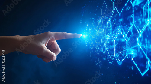 Hand finger pointing at a blue technology screen with geometrical abstract shapes, future business technology virtual reality VR augment reality AR interface concept
