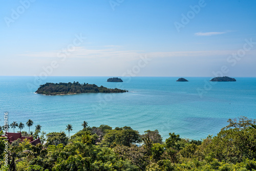 Beautiful view of the 4 islands, Koh Man Nai, Koh Man Nok, Koh Pli, Koh Yuak, seen from Koh Chang island on a bright sunny day