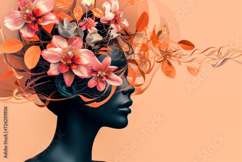 A stunning fusion of nature and art as a black mannequin head adorned with cut flowers and a rose in its hair sits elegantly in a vase, resembling a painted masterpiece © Radomir Jovanovic