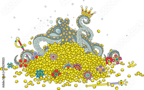 Fotografia Giant octopus and a large pile of gold coins and jewels from a treasury of a fai