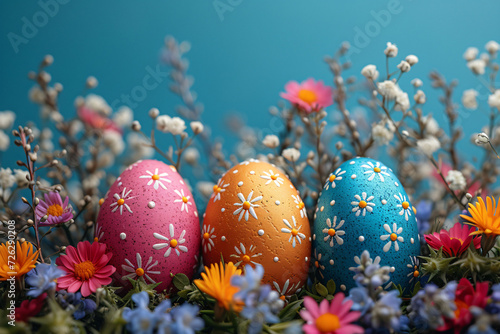wielkanocne Kolorowe jajka na tle kwiatów
