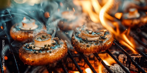Sizzling mushrooms dance on a fiery barbecue grill, filling the air with the aroma of summer as a doughnut-shaped cook flips them with precision photo